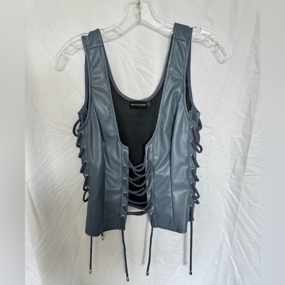 PrettyLittleThing PETROL BLUE FAUX LEATHER LACE UP TOP - Picture 5 of 8